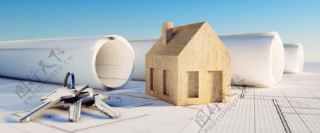 房屋模型钥匙管材背景海报素材图片