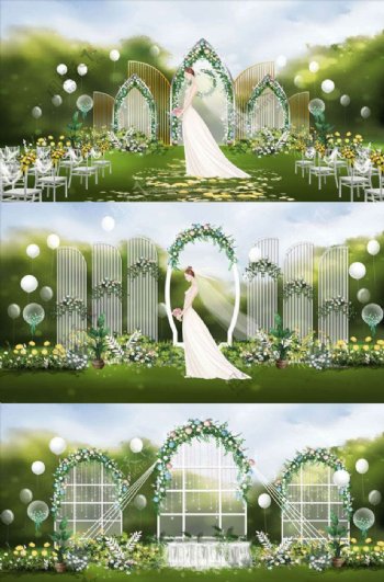 简约韩式白绿色系草坪婚礼舞台图片
