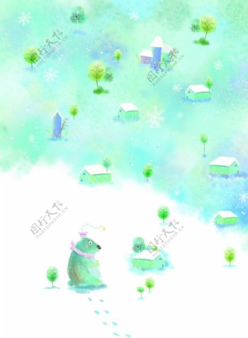 蓝色冬季小熊插画卡通背景素材图片