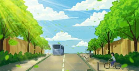 蓝天绿色公路插画卡通背景素材图片