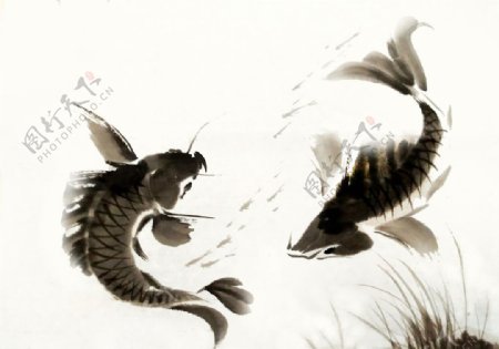 鱼水墨水彩复古背景海报素材图片