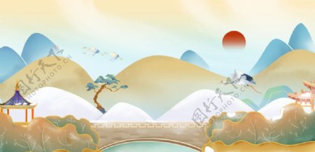 中式国潮山水工笔画背景图片