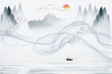 新中式山水飘带线条山水背景墙图片