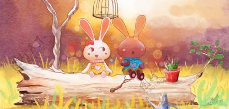兔子卡通插画背景海报素材图片