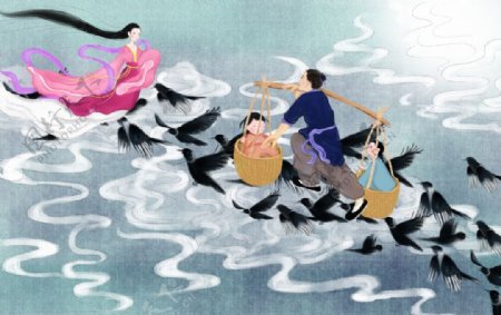 七夕人物传统插画背景海报素材图片