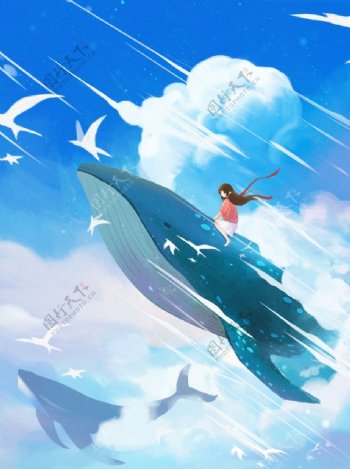 鯨魚與女孩插畫圖片