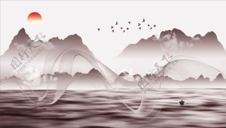 水墨山水飘带大雁太阳图片