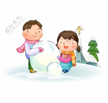 手绘冬季堆雪人的孩子图片