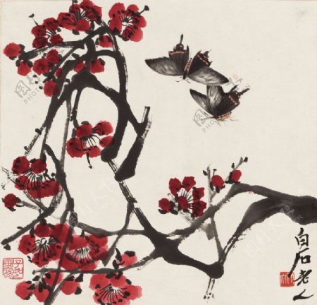 齐白石国画红梅双蝶图图片