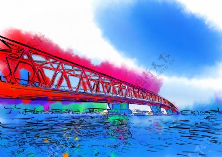 碧水大桥水彩画