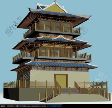 日式塔楼建筑模型效果图