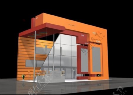 简洁橘色小型展厅设计模型
