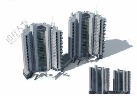 双子座高层商住楼建筑3D模型