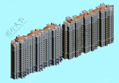 三联排两栋并排塔式高层住宅楼模型