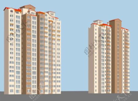 红坡顶高层住宅建筑3D模型