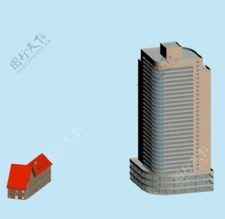 立柱形和斜坡顶简模建筑3D模型