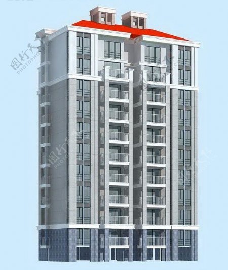 现代高层红顶式小区住宅楼3D模型图