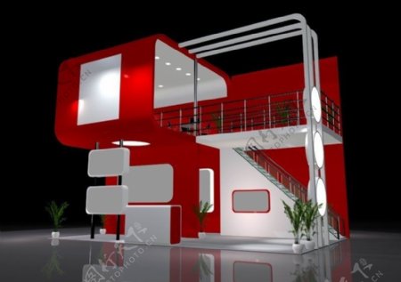 红色背景产品展厅3D模型效果图