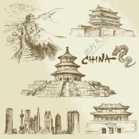 中国著名建筑插画图片