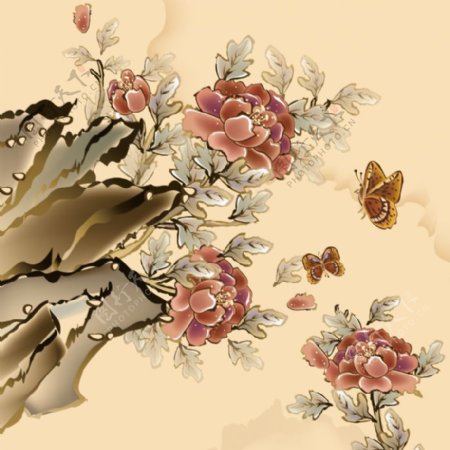 印花矢量图植物花卉岩石色彩免费素材