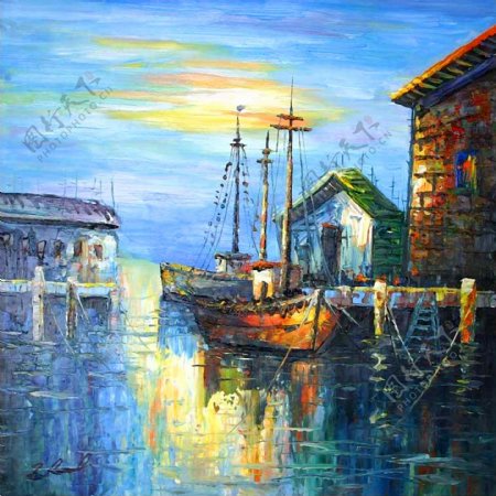 油画无框画装饰画河岸的小船图片