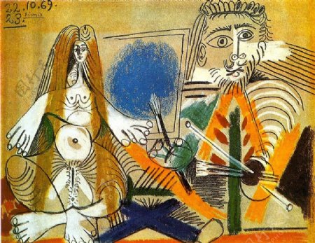 1969Lepeintreetsonmod濡塭1西班牙画家巴勃罗毕加索抽象油画人物人体油画装饰画