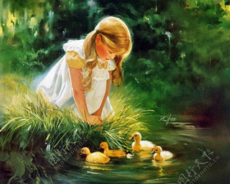 小女孩看鸭子油画