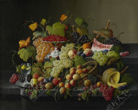 AbundantFruitSeverinRoesenUS1858静物水果瓜果蔬菜器皿食物印象画派写实主义油画装饰画