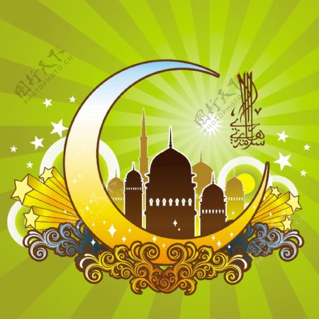 翻译文本的爪哇庆祝开斋节的充满活力的伊斯兰图案穆巴拉克
