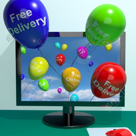 从计算机显示不收费或免费提供免费送货的气球
