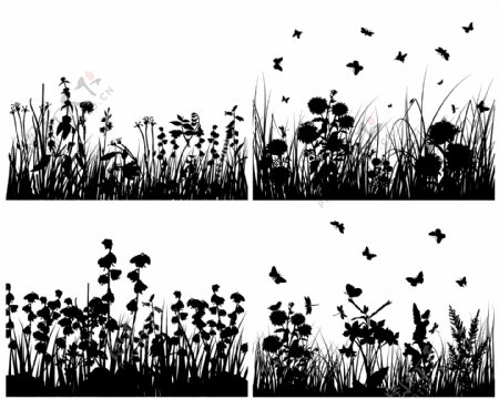 草丛剪影和蝴蝶矢量图下载