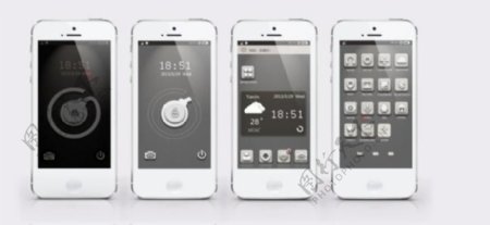 采集大赛这个是iphone5手机界面的设计设计的灵感来自于白色巧克力界面简约明了适合多类型的人群使用第一幅是手机解锁前光线要暗点解锁的图标是个炸弹的形状界面的首页的天气时间很显目