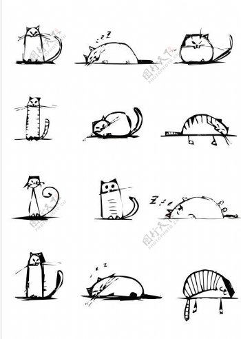 炭笔手绘猫猫各种姿态矢量图