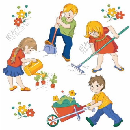 小孩种花花园劳动