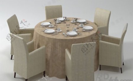 3D6人圆形桌椅组合模型