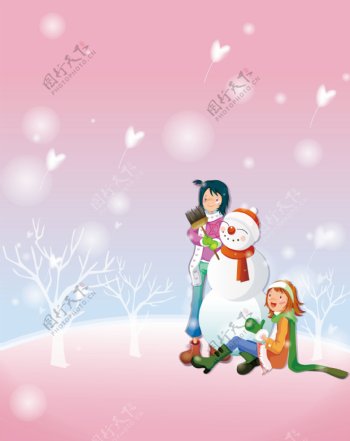 卡通冬季女孩堆雪人