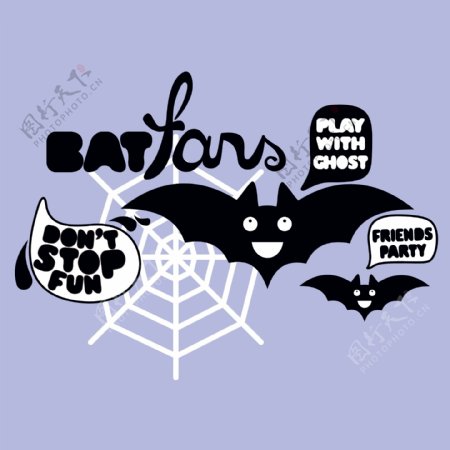 印花矢量图可爱卡通卡通动物蝙蝠蜘蛛网免费素材