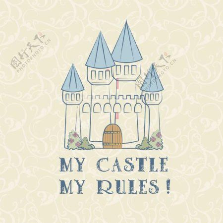 印花矢量图T恤图案图文结合建筑城堡免费素材