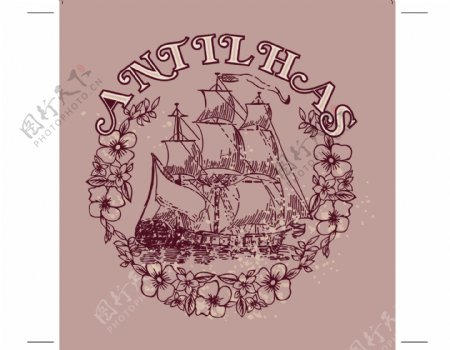 印花矢量图T恤图案图文结合交通工具海盗船免费素材