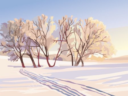 手绘雪地树木冬景手绘图