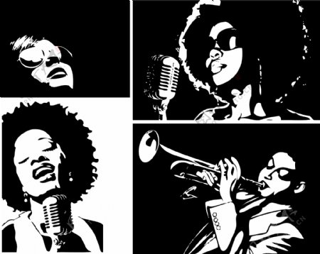 黑人女歌手的黑白插画矢量素材