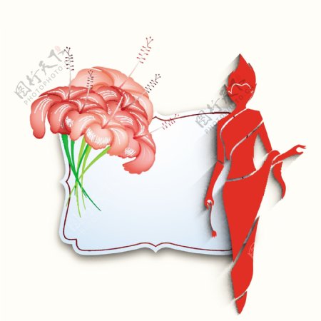 三八妇女节贺卡或海报以一个女人和你的文本空间花红色轮廓设计