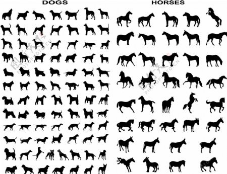 各种各样的马和狗剪影矢量素材运动