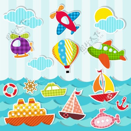 各类海上帆船潜艇贴纸风格矢量卡通素材