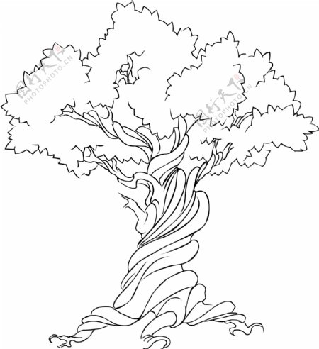 手工绘制的扭曲的树矢量图形