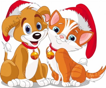 可爱的猫和狗的圣诞节矢量素材