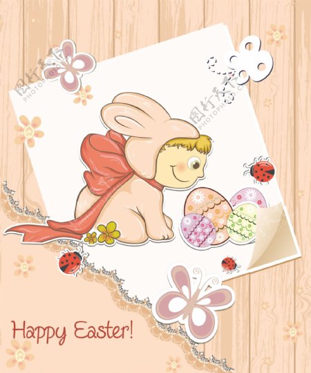 复活节的背景有孩子在兔子服装插画矢量