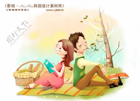 HanMaker韩国设计素材库背景卡通漫画可爱人物情侣野餐甜蜜儿童