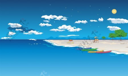 卡通蓝天白云阳光海滩背景