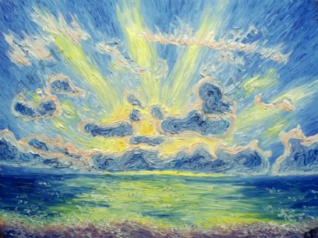 油画穿透云层的光线图片
